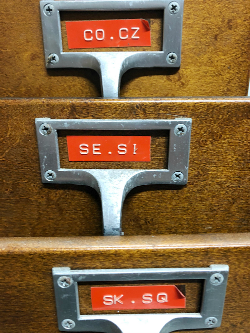 Card catalog drawers with old labels