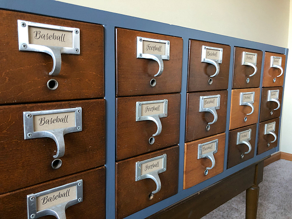 Store football and baseball cards in a card catalog!