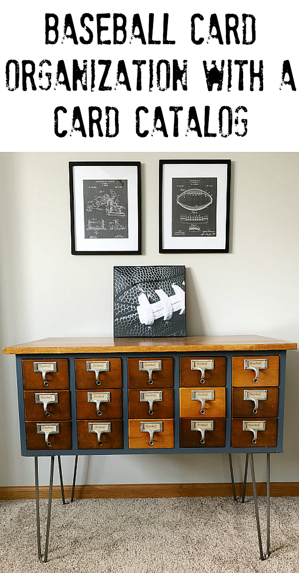 This idea is genius! Store football and baseball cards in a card catalog! Love the makeover! #baseballcards #organizationideas