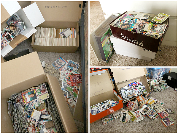 Boxes overflowing with football and baseball cards in need of storage and organization