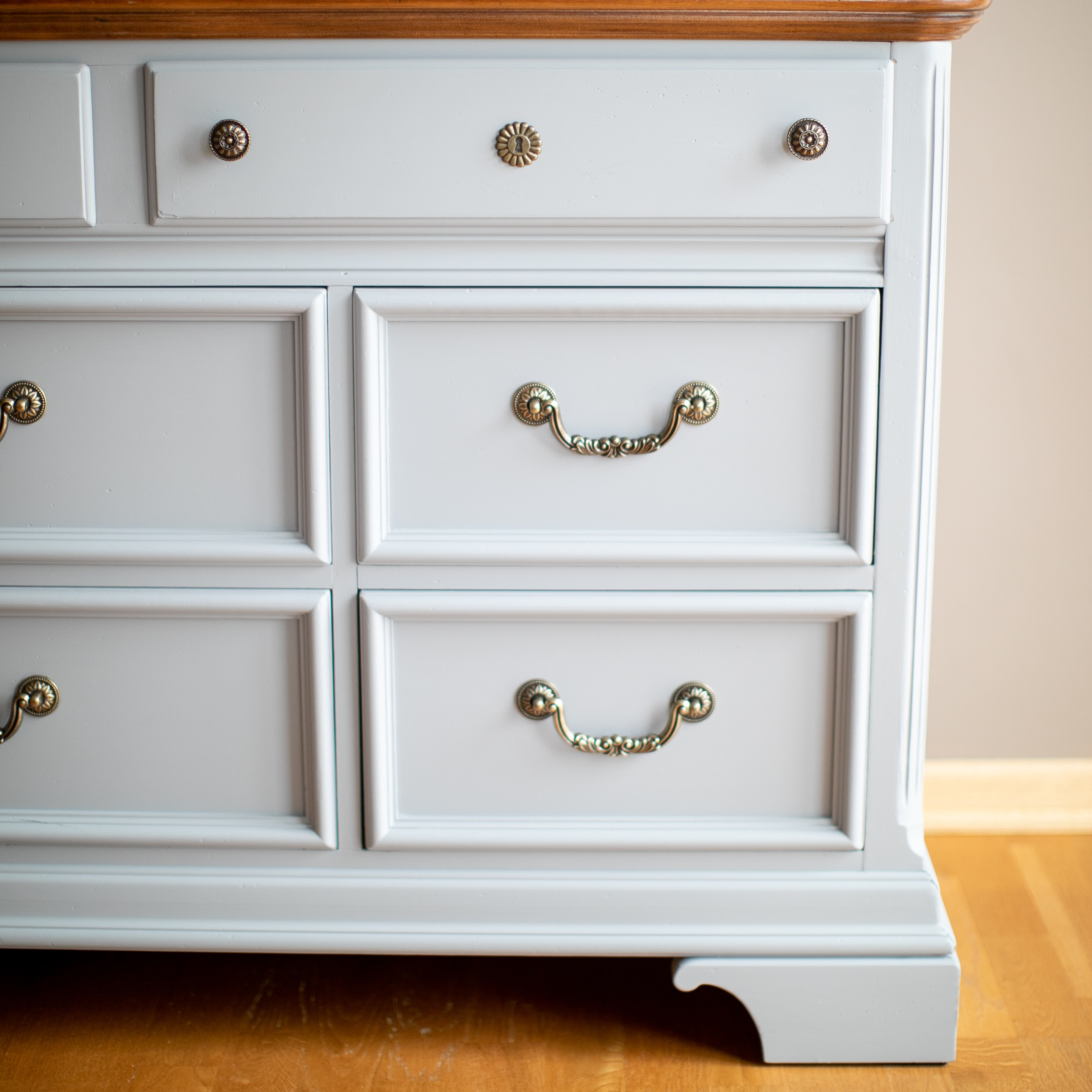 Gray Dresser with Antique Brass Hardware Close Up for IG Lemons