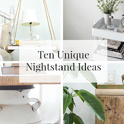 A collage of DIY nightstands using milk cans, wood stumps, carts and rope with wood.