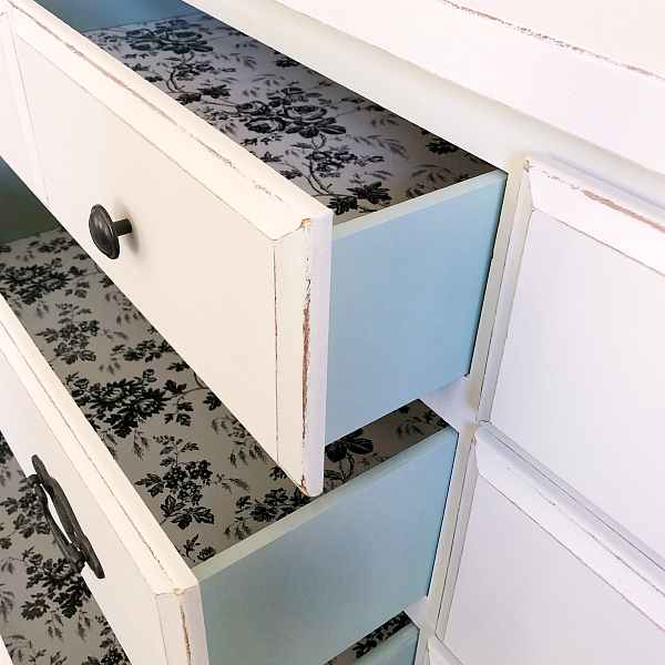 Dresser drawers painted with Fusion Mineral Paint. Drawer liners made with contact paper from the dollar store.