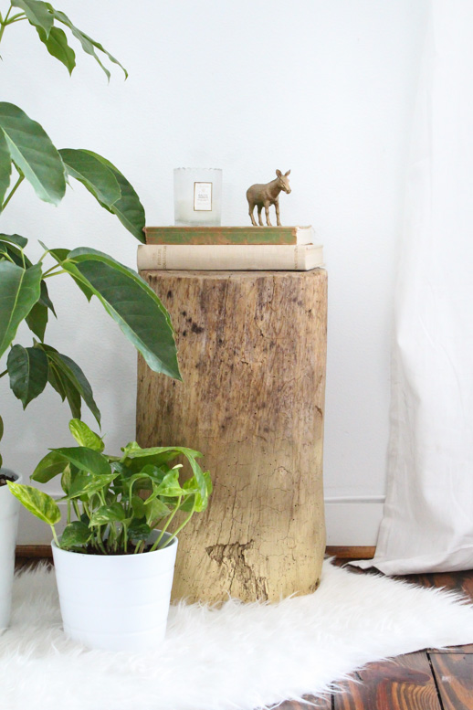 Tree stump being used as a nightstand