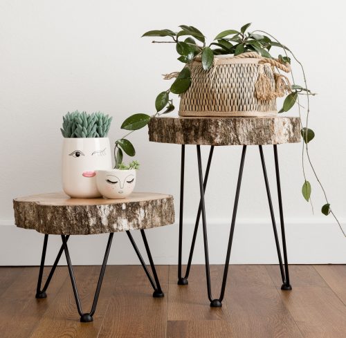 Large wood slices on hairpin legs being used as tables