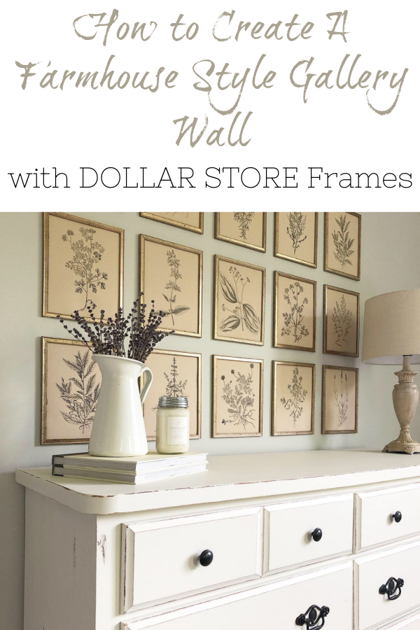 A farmhouse style gallery wall created with frames from the dollar store and featuring various black and white botanical prints