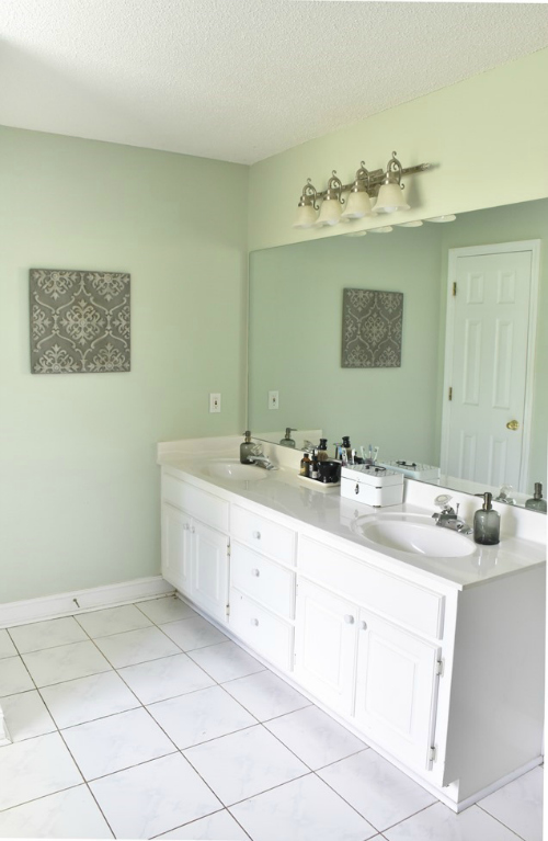 Bathroom prior to $100 Room Challenge: Light green walls with a white vanity