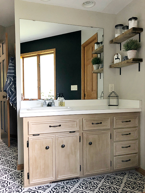 $100 Bathroom Makeover Vanity with weathered wood shelves