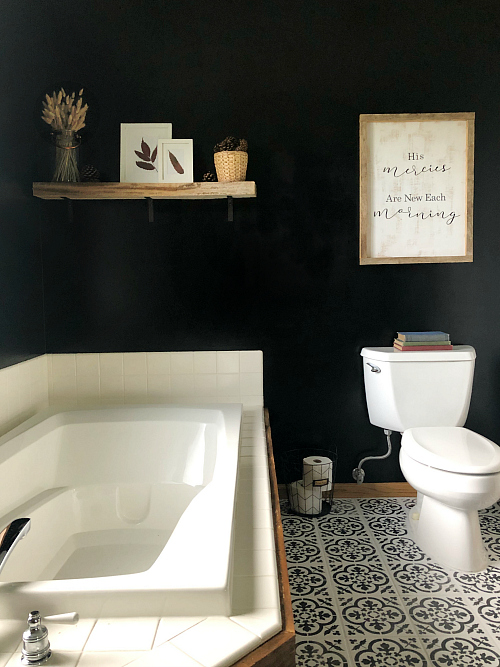 $100 Modern Farmhouse Bathroom Makeover Black Accent Wall