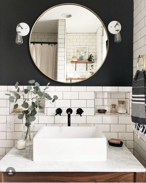 Black Accent Wall Against White Tile via Carpendaughter on Instagram