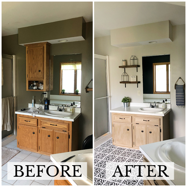 Before and after of vanity makeover using chalk paint and wax