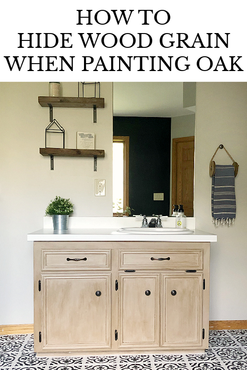 Oak vanity painted with chalk paint and wax after filling in the wood grain