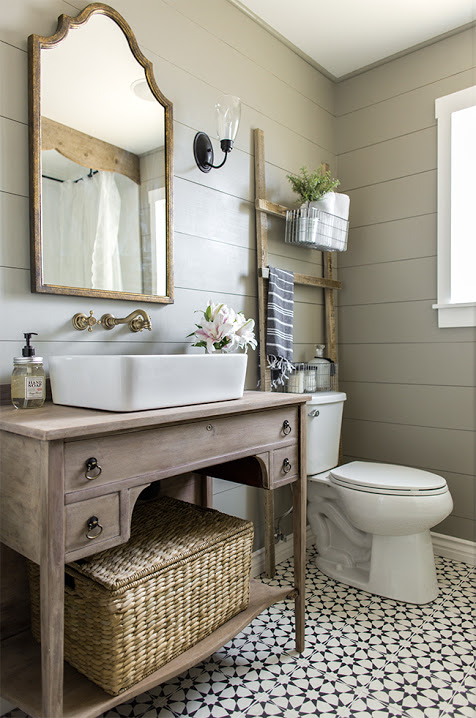 Beautiful Farmhouse Style Bathroom by Jenna Sue Designs. Inspiration for the $100 Room Challenge.