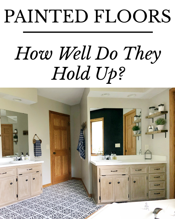 Painted tile floor in modern farmhouse style bathroom