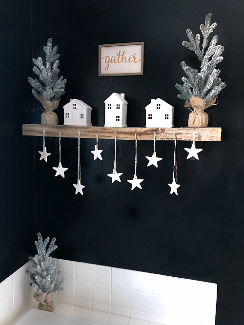 DIY Clay Ornaments hanging from bathroom shelf