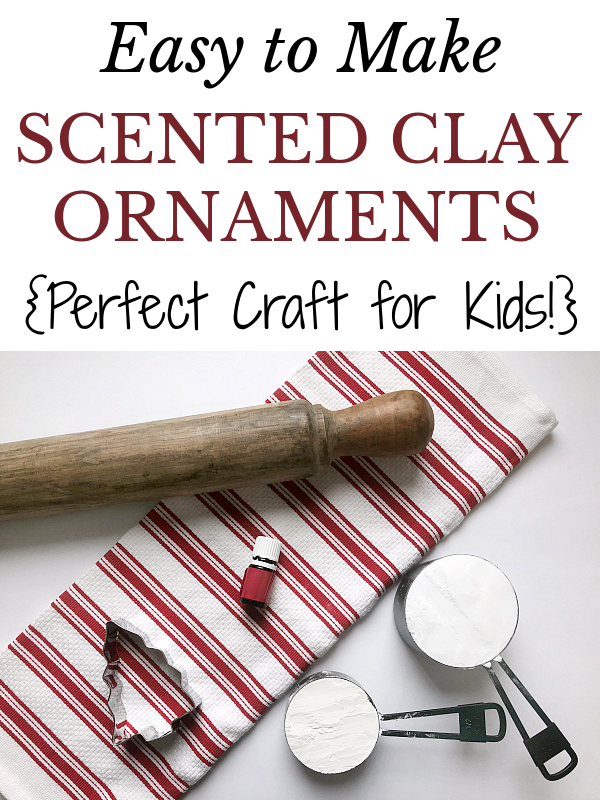 Items needed to make scented clay ornaments: baking soda, corn starch, essential oil