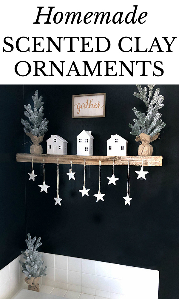 DIY Scented clay ornaments handing from a wood shelf