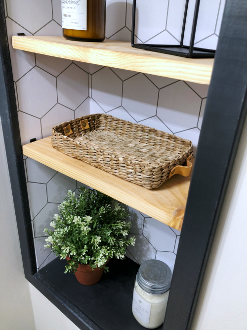 Updated inlaid cubby in $100 Boho Bathroom Makeover