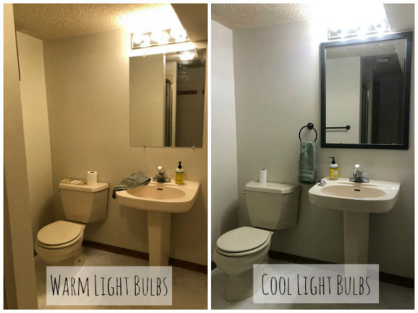 Side by side image of warm vs cool light bulbs in bathroom space