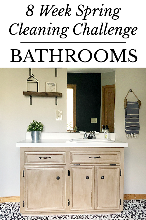 Vanity with wood shelves in modern farmhouse bathroom