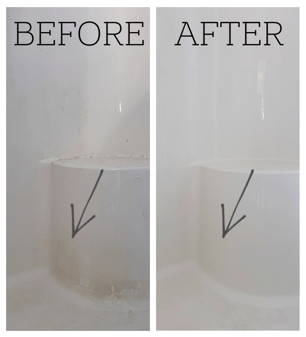 Before and after of rust stain removal in shower