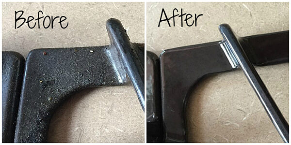 Before and after of gas stovetop grates cleaned with ammonia