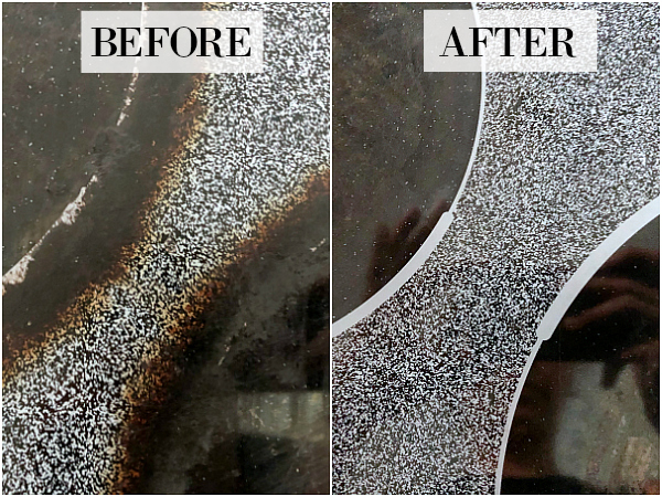 Before and after of glass stovetop cleaned with baking soda and water