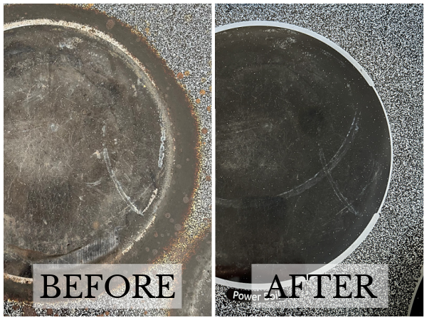 Glass stovetop burner before and after cleaning burnt-on mess