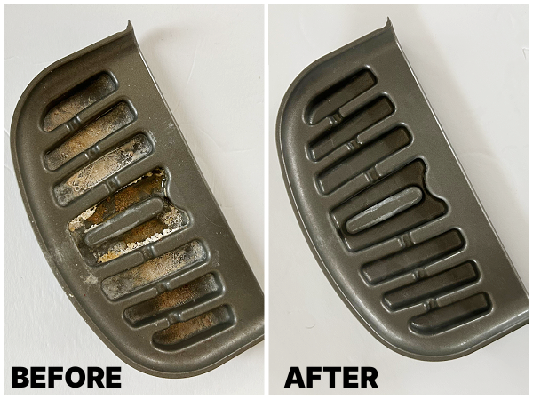 Refrigerator drip tray before and after cleaning
