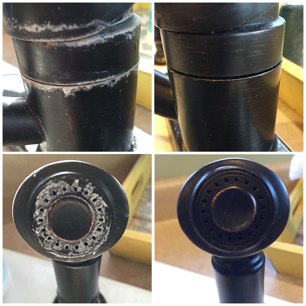 Before and After images of a faucet and sprayer to show results of using vinegar to remove hard water stains