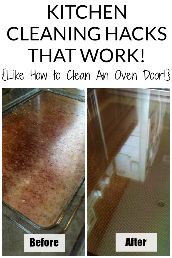 Oven door before and after cleaning with baking soda