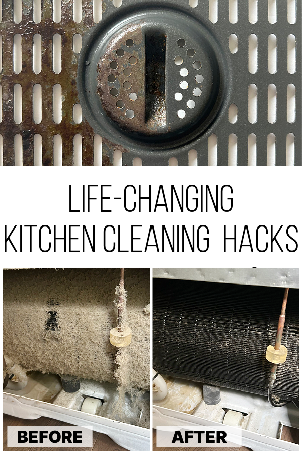 Before and after cleaning images of air fryer tray and refrigerator coils