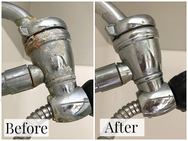 Cleaning A Shower Head Before and After. Left- Disgustingly dirty shower handle hard water deposits. Right- perfectly clean and shiny shower handle after cleaning with vinegar