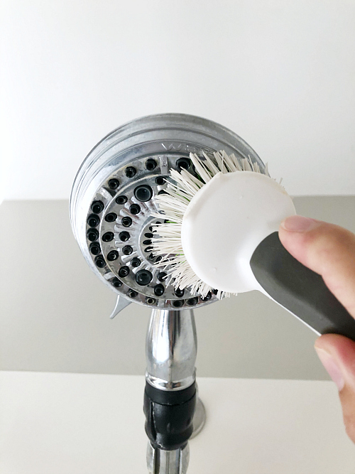 Cleaning Shower Head with Scrubber Brush to removing scum and hard water build-up