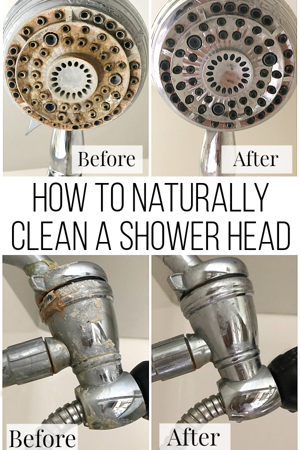 Before and after images of a shower head cleaned with vinegar
