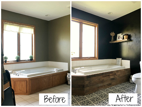 Side by side before and after of an updated tub surround with barnwood