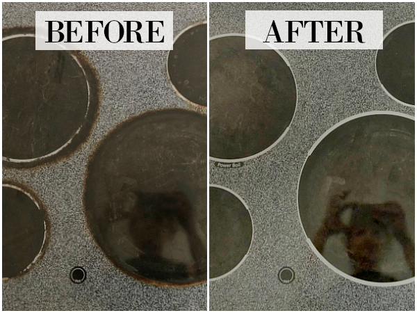 Before and After cleaning glass stove top with baking soda