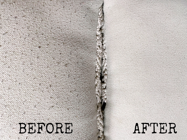 Before and after of removing pilling from pillow covers.