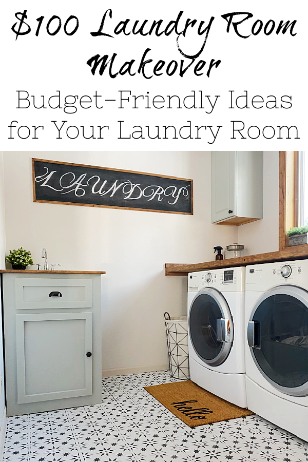 This $100 Laundry Room Makeover is FULL of budget-friendly ideas, with everything from a stenciled floor to a clever way to hide a utility sink!