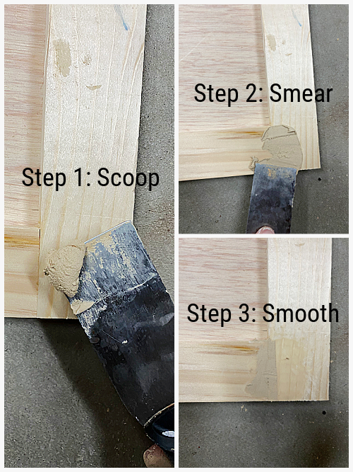 Applying wood filler to seams of DIY Shaker Door: Scoop, Smear, Smooth