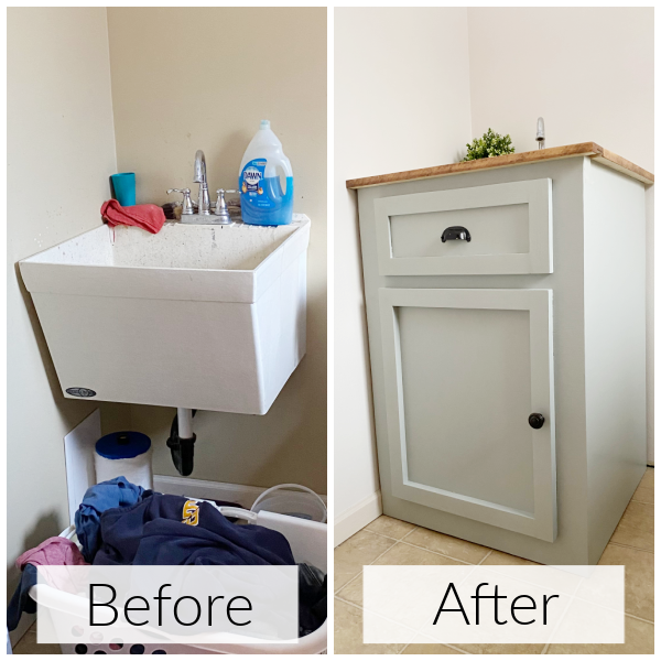 Before and After of Faux Vanity Made to Hide A Utility Sink