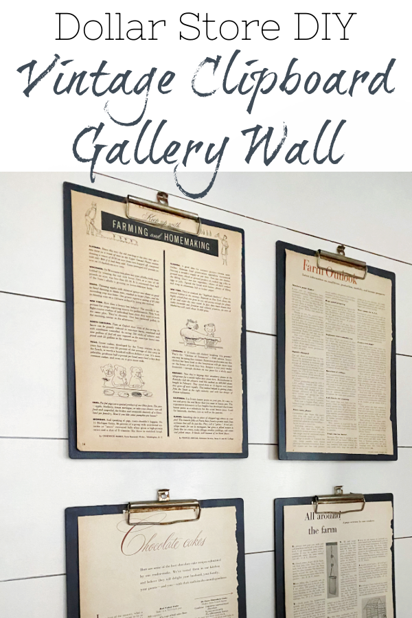 This easy gallery wall was made with clipboards from the dollar store. The metal clips were aged and rusted, while the clipboards were painted. Add some old magazine clippings from vintage magazines and you have the perfect farmhouse gallery wall!