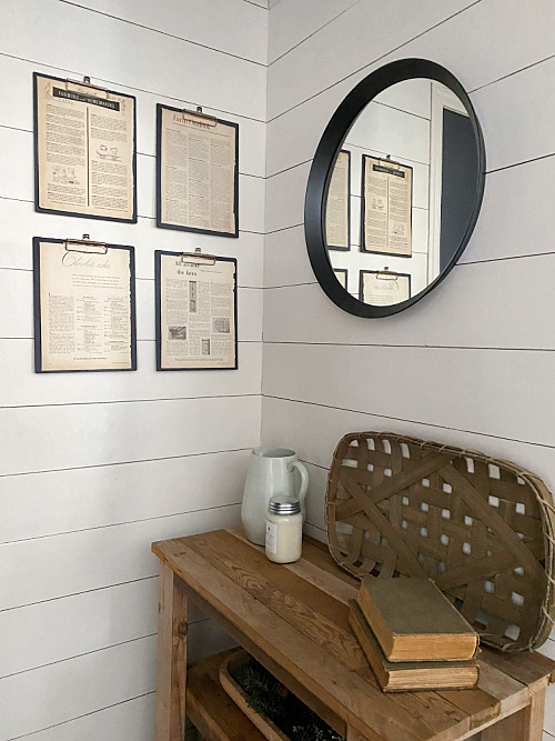 DIY Vintage Clipboards on Shiplap Wall in Entry