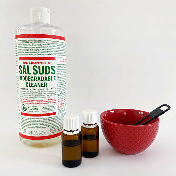 Items needed to make floor cleaner: Sal Suds, Essential Oil, Small Bowl, and Measuring Spoon