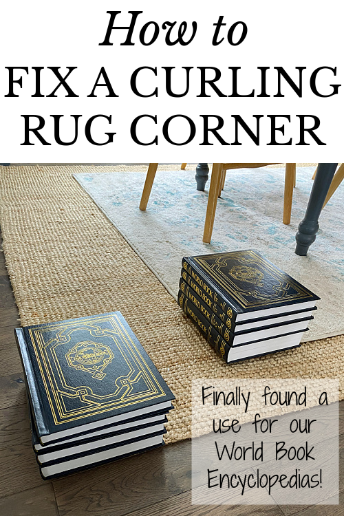 Encyclopedias sitting on curled rug corners