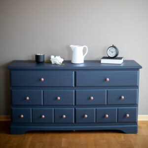 6 Drawer Dresser painted in Fusion Mineral Paint in the color Midnight. Antique copper hardware.