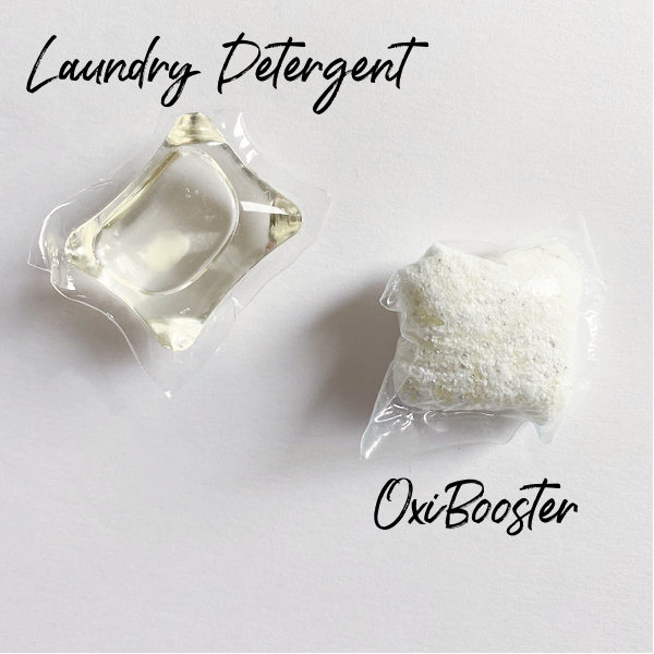 Laundry Detergent pod and Oxibooster pod to clean white baseball uniform