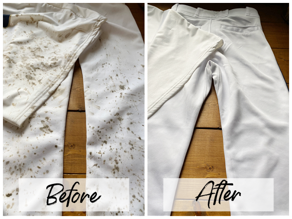 Before and After of white baseball uniform muddy vs clean