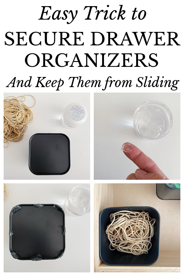 Collage showing how to secure drawer organizers with Museum Gel
