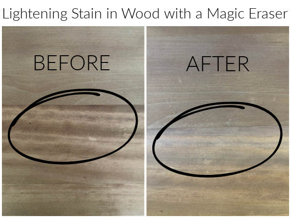 Wood Grain before and after using a Magic Eraser to remove stain from grain